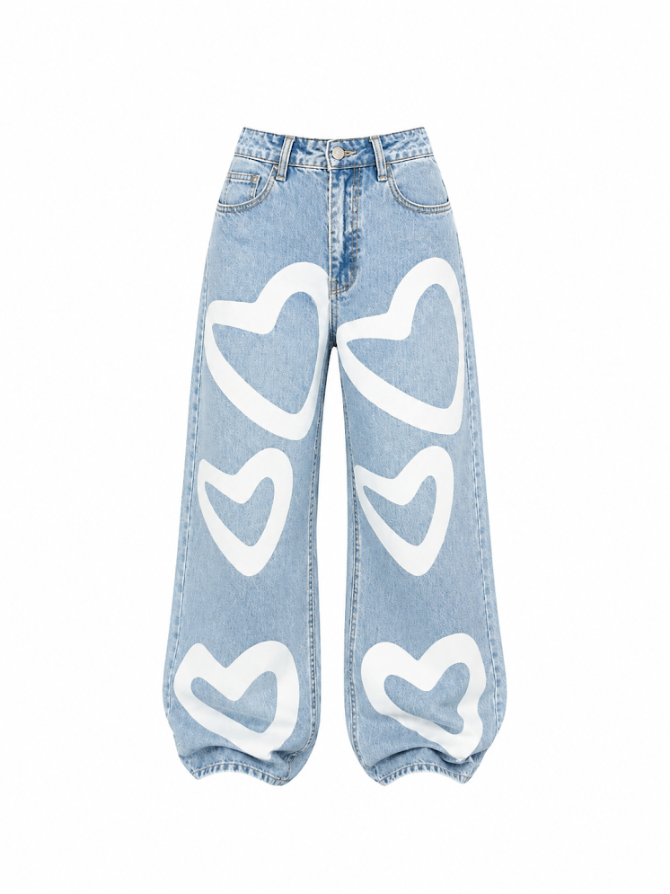 Jeans Wide Leg Corazones de Tiro Alto